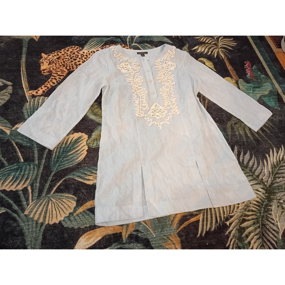 Brooks Brothers 100% Linen Tunic Top Womens 0 Blue Crochet Trim 3/4 Sleeve